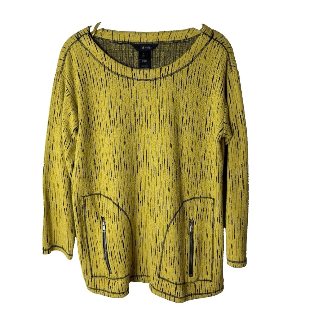 Ali Miles Blouse Size Small Top 3/4 Sleeves Zip Pockets Yellow Gold Black